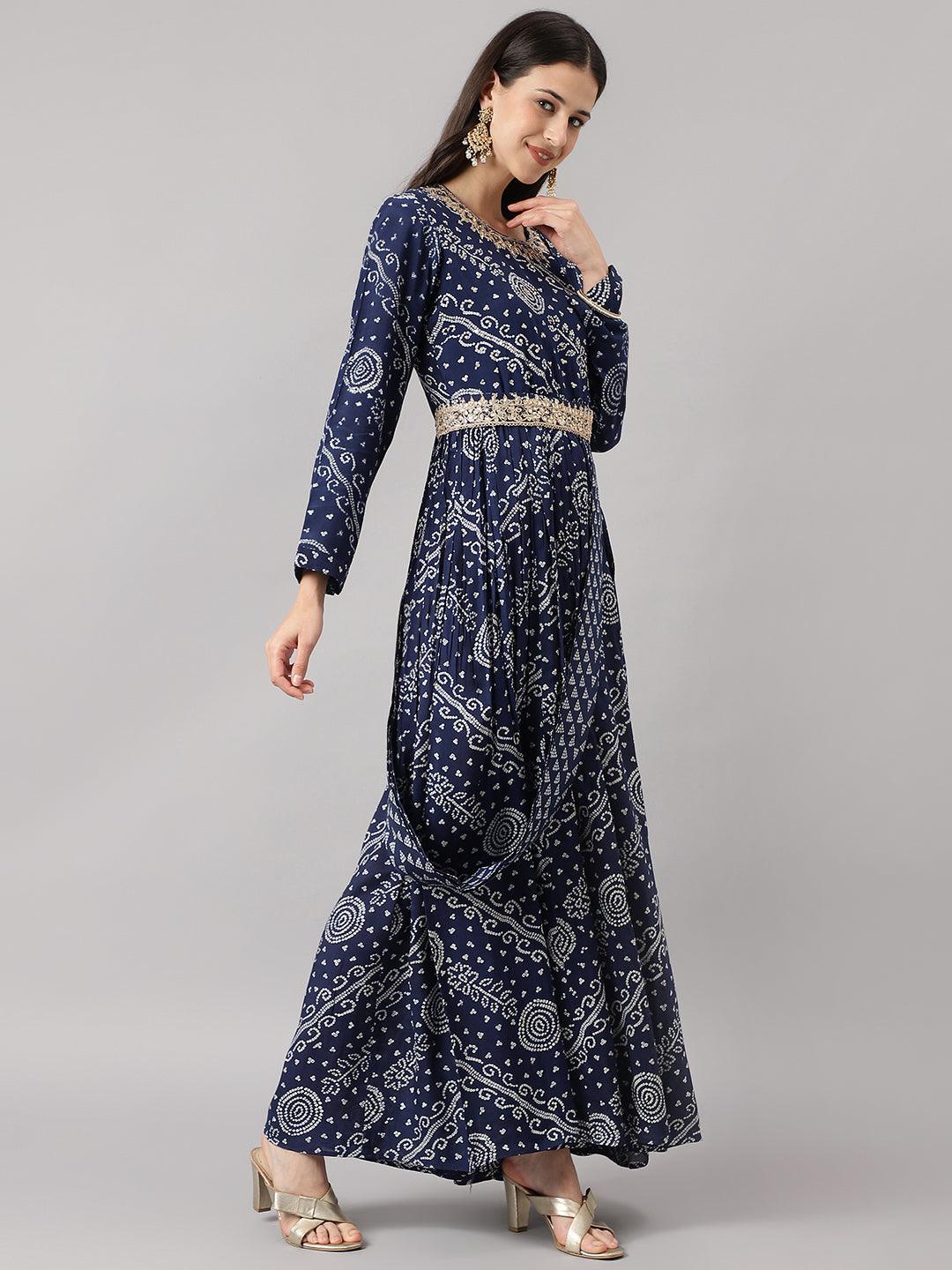 Navy Blue Bandhani Printed Muslin Zari Work Drape Style Flared Gown | LASVINI - Redefining Indian Fashion with Elegance