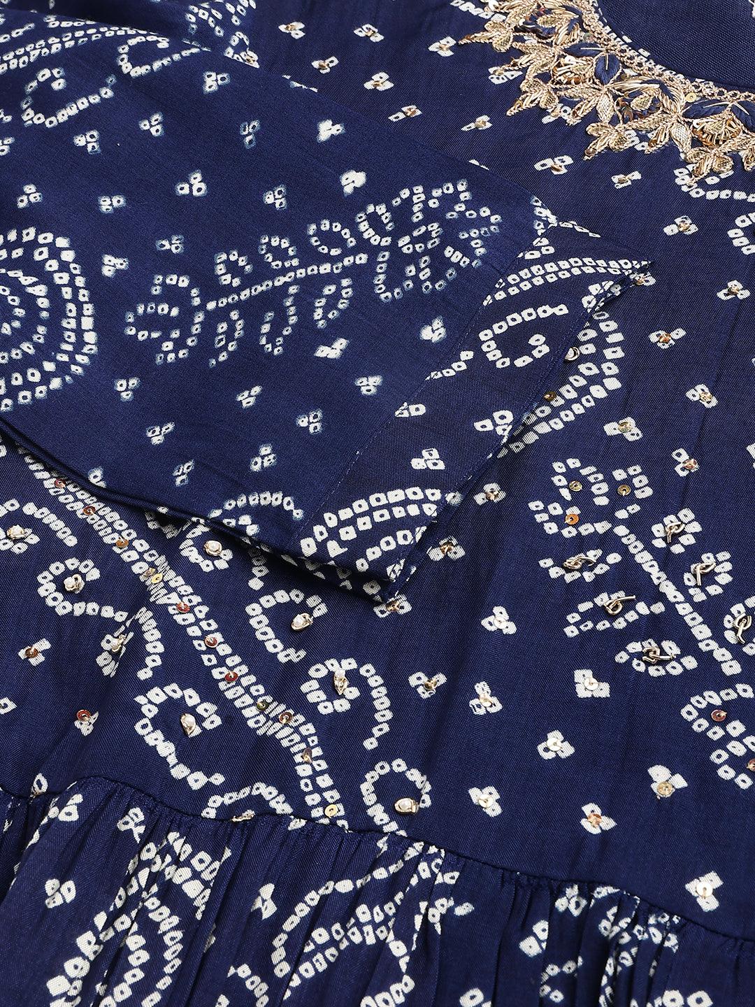 Navy Blue Bandhani Printed Muslin Zari Work Drape Style Flared Gown | LASVINI - Redefining Indian Fashion with Elegance