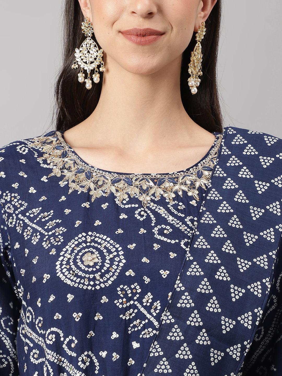 Navy Blue Bandhani Printed Muslin Zari Work Drape Style Flared Gown | LASVINI - Redefining Indian Fashion with Elegance