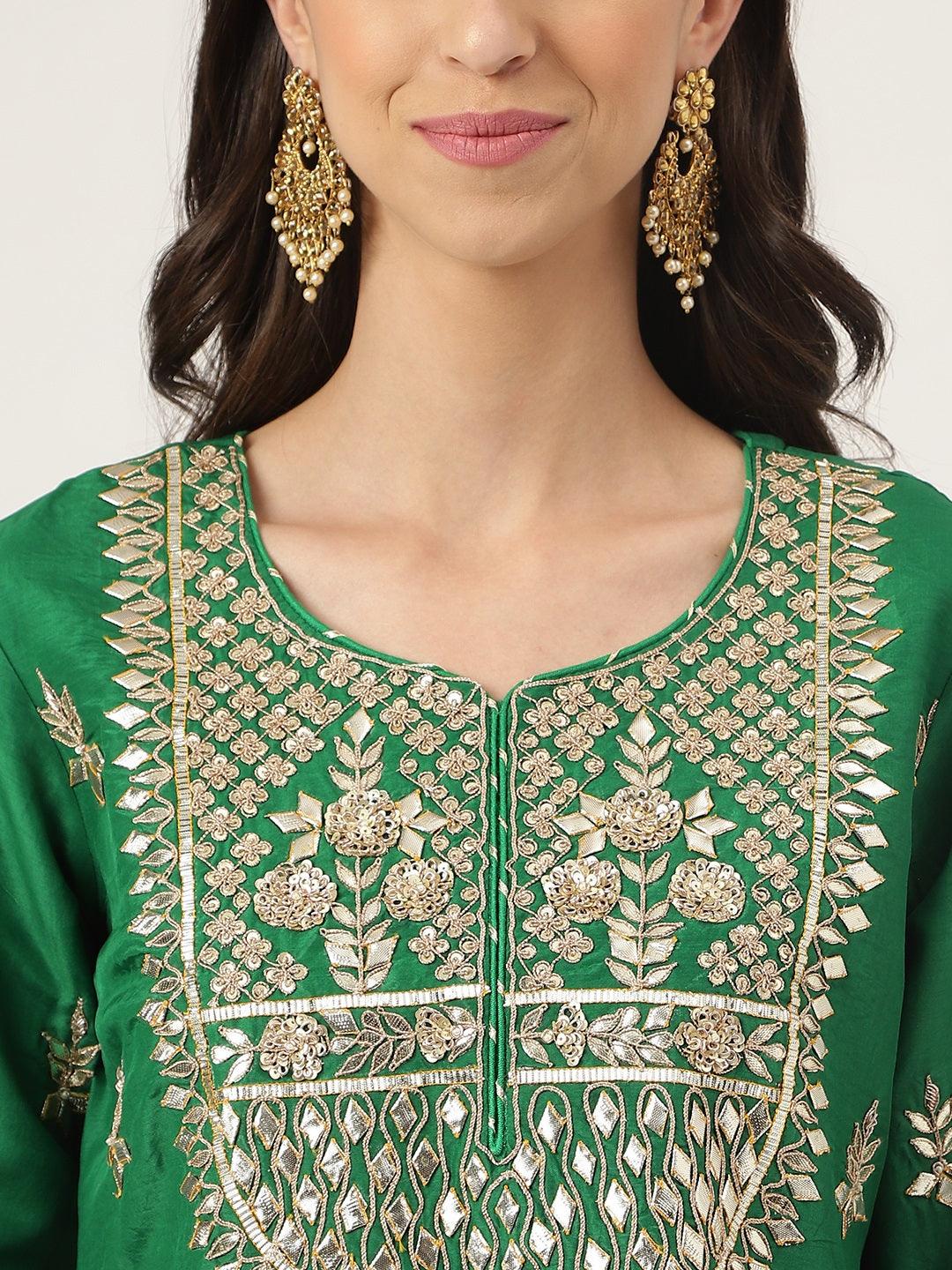 Dark Green Russian Silk Hand Embroidery Kurta Sharara With Organza Dupatta | LASVINI - Redefining Indian Fashion with Elegance
