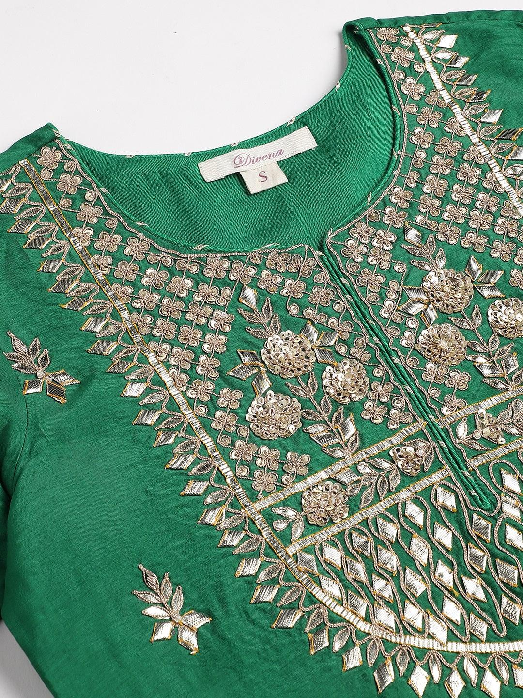 Dark Green Russian Silk Hand Embroidery Kurta Sharara With Organza Dupatta | LASVINI - Redefining Indian Fashion with Elegance