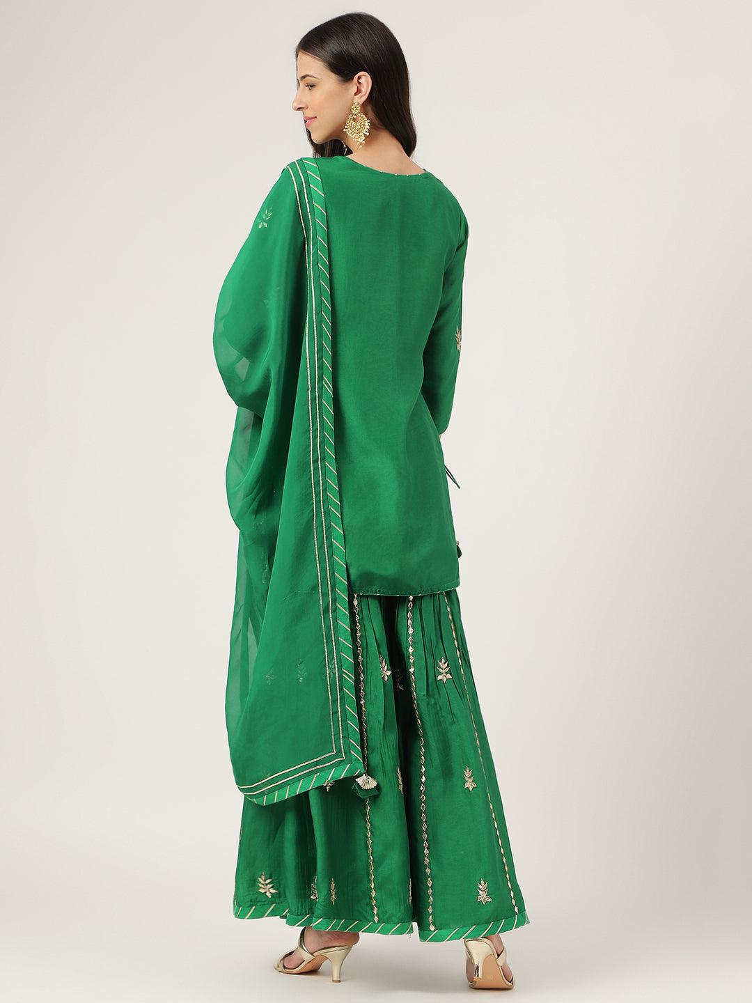 Dark Green Russian Silk Hand Embroidery Kurta Sharara With Organza Dupatta | LASVINI - Redefining Indian Fashion with Elegance