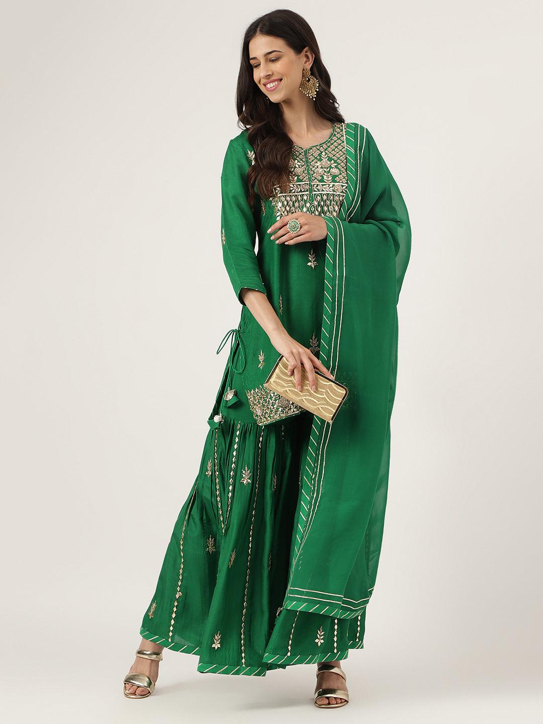 Dark Green Russian Silk Hand Embroidery Kurta Sharara With Organza Dupatta | LASVINI - Redefining Indian Fashion with Elegance