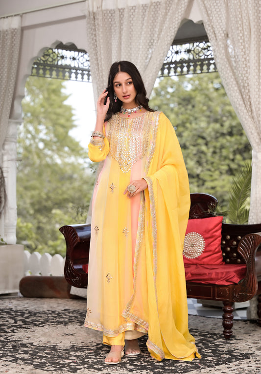 Yellow Gota Patti Embroidered Banarsi Georgette Kurta Set With Organza Dupatta | LASVINI - Redefining Indian Fashion with Elegance