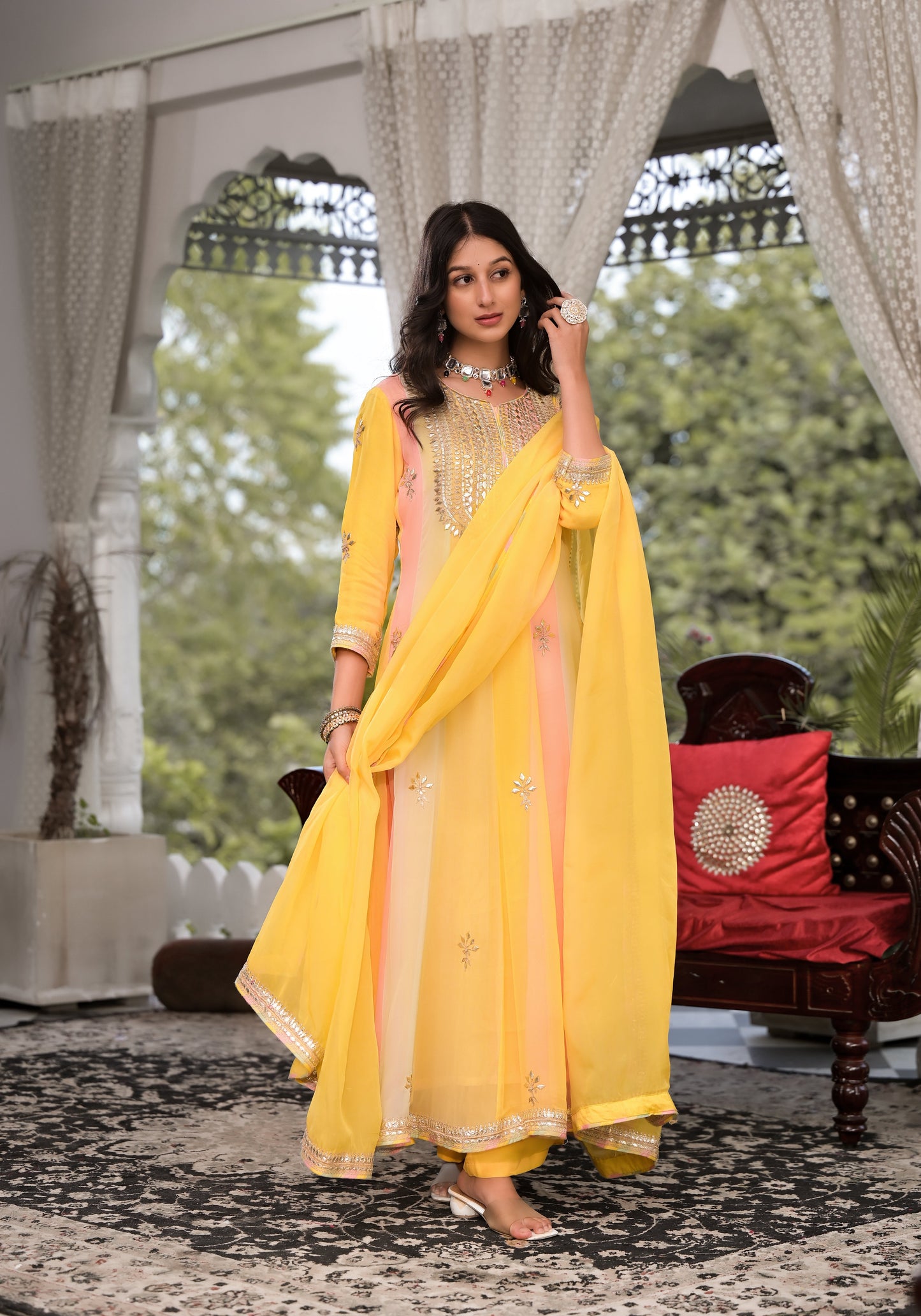 Yellow Gota Patti Embroidered Banarsi Georgette Kurta Set With Organza Dupatta | LASVINI - Redefining Indian Fashion with Elegance