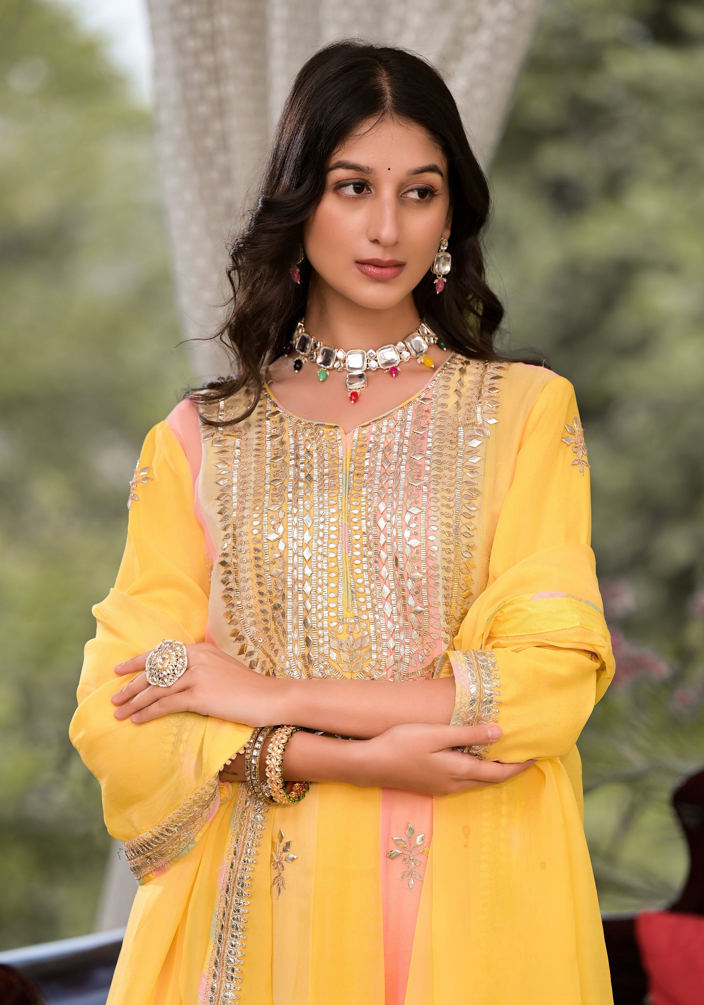 Yellow Gota Patti Embroidered Banarsi Georgette Kurta Set With Organza Dupatta | LASVINI - Redefining Indian Fashion with Elegance