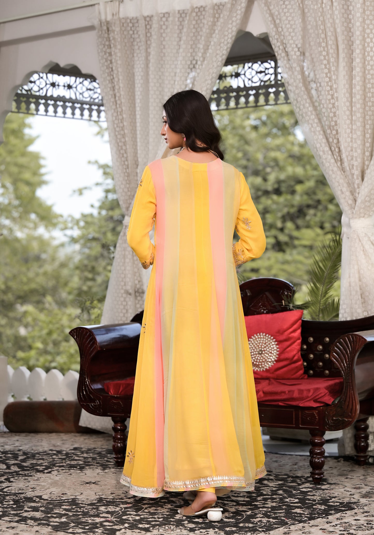 Yellow Gota Patti Embroidered Banarsi Georgette Kurta Set With Organza Dupatta | LASVINI - Redefining Indian Fashion with Elegance