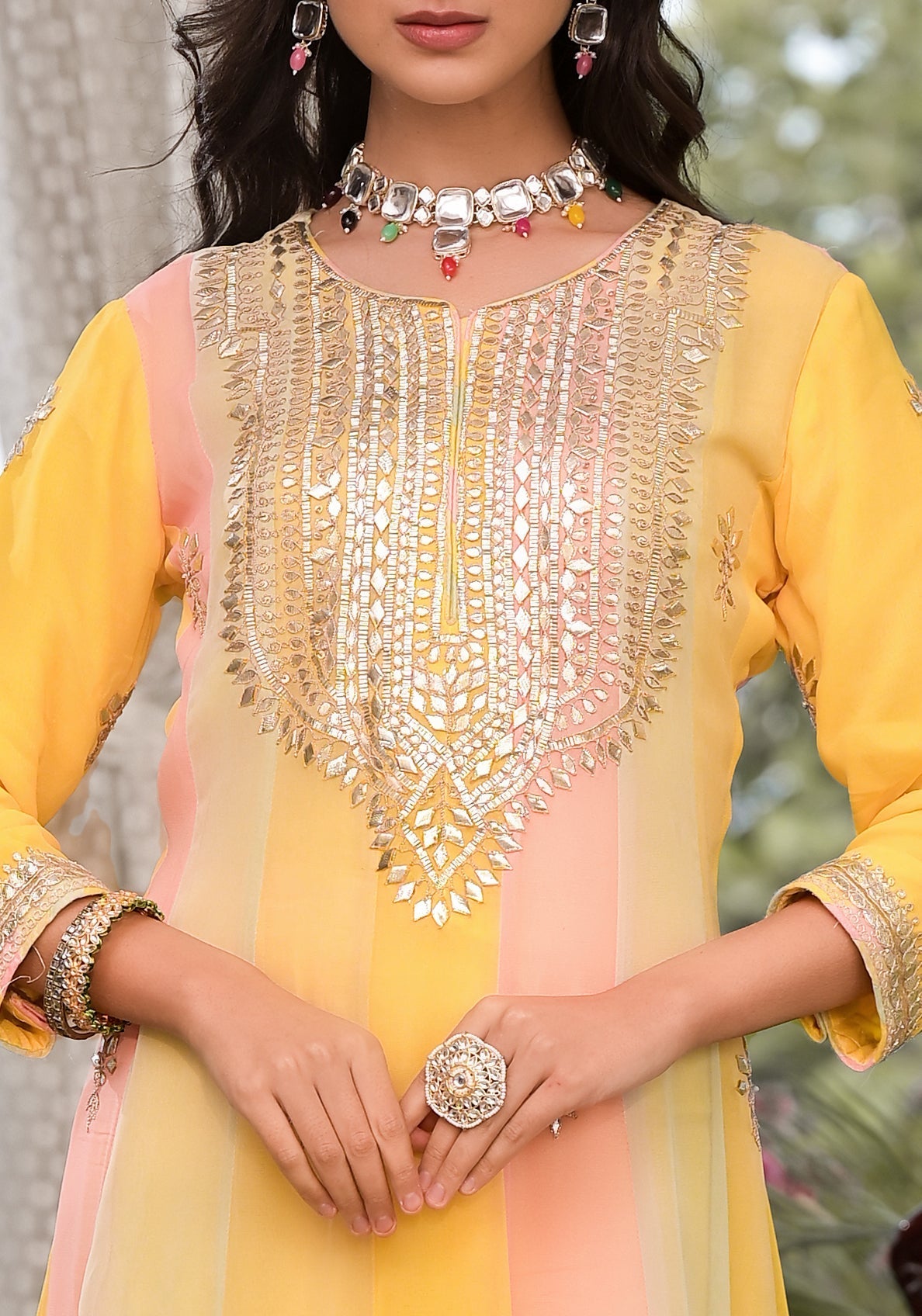 Yellow Gota Patti Embroidered Banarsi Georgette Kurta Set With Organza Dupatta | LASVINI - Redefining Indian Fashion with Elegance