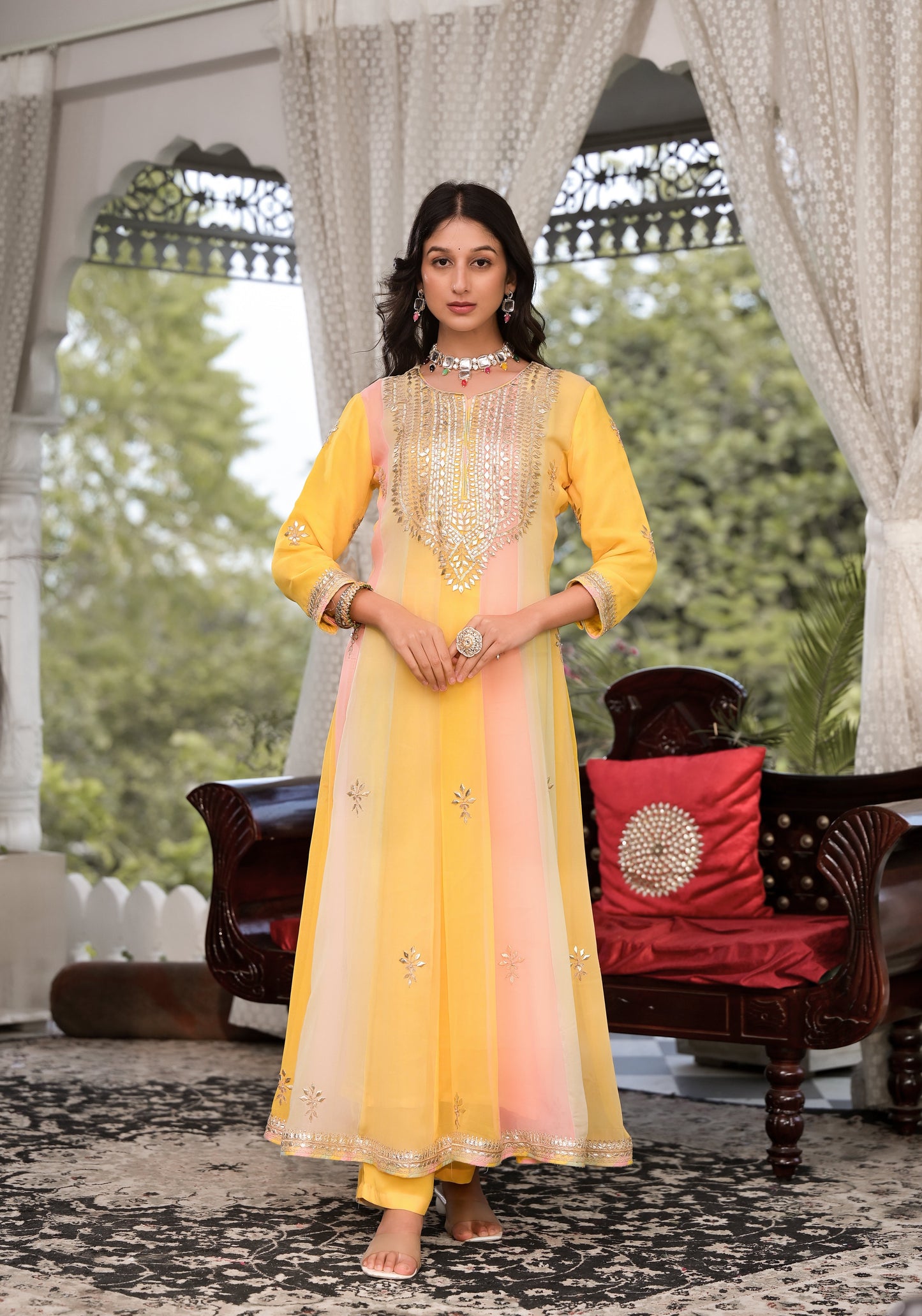 Yellow Gota Patti Embroidered Banarsi Georgette Kurta Set With Organza Dupatta | LASVINI - Redefining Indian Fashion with Elegance
