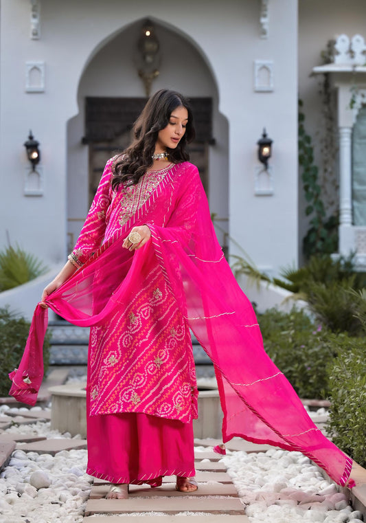 Rani Pink Gota Patti Embroidered Bandhani Print Chinon Kurta Set With Shiffon Dupatta | LASVINI - Redefining Indian Fashion with Elegance
