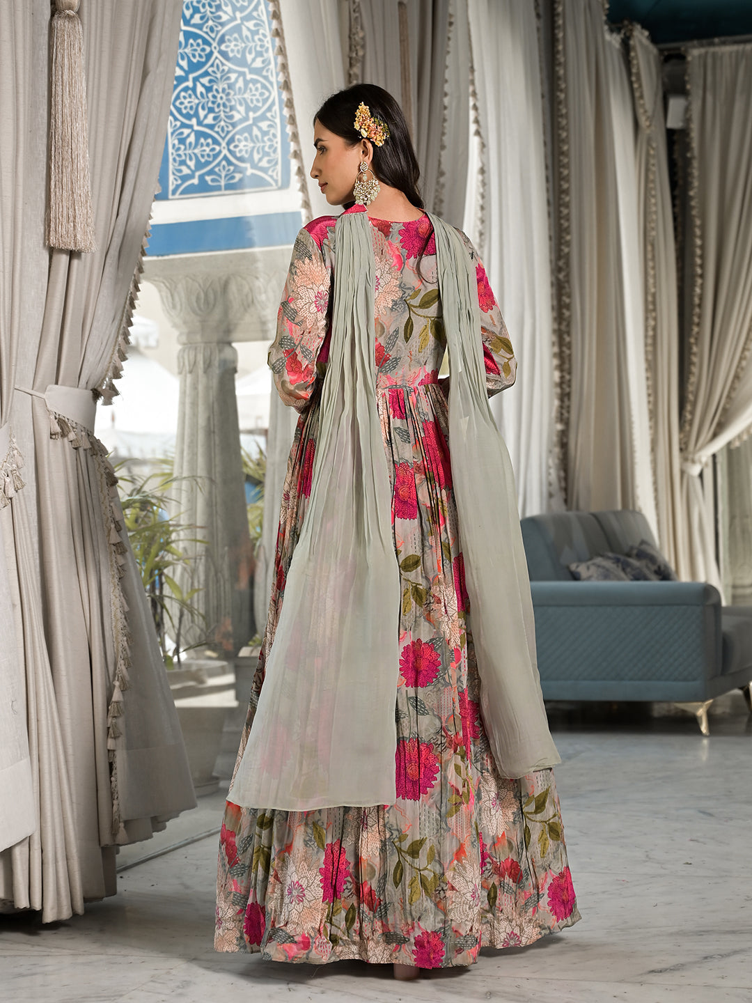 Pink Multi Digital Print Pure Crepe Long Party Dress With Dupatta | LASVINI - Redefining Indian Fashion with Elegance