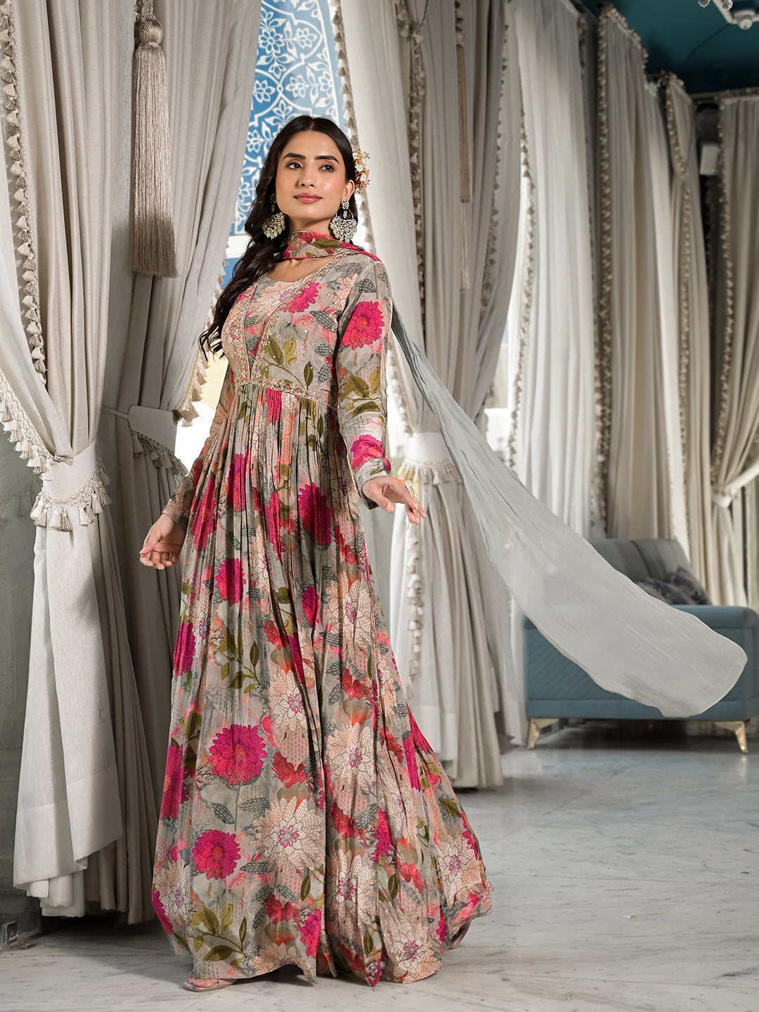Pink Multi Digital Print Pure Crepe Long Party Dress With Dupatta | LASVINI - Redefining Indian Fashion with Elegance