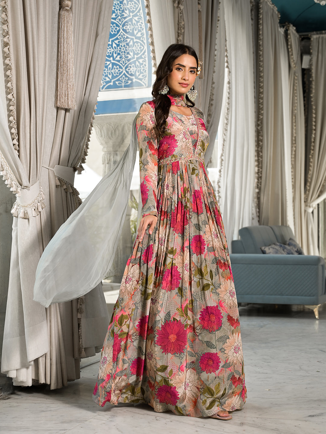 Pink Multi Digital Print Pure Crepe Long Party Dress With Dupatta | LASVINI - Redefining Indian Fashion with Elegance