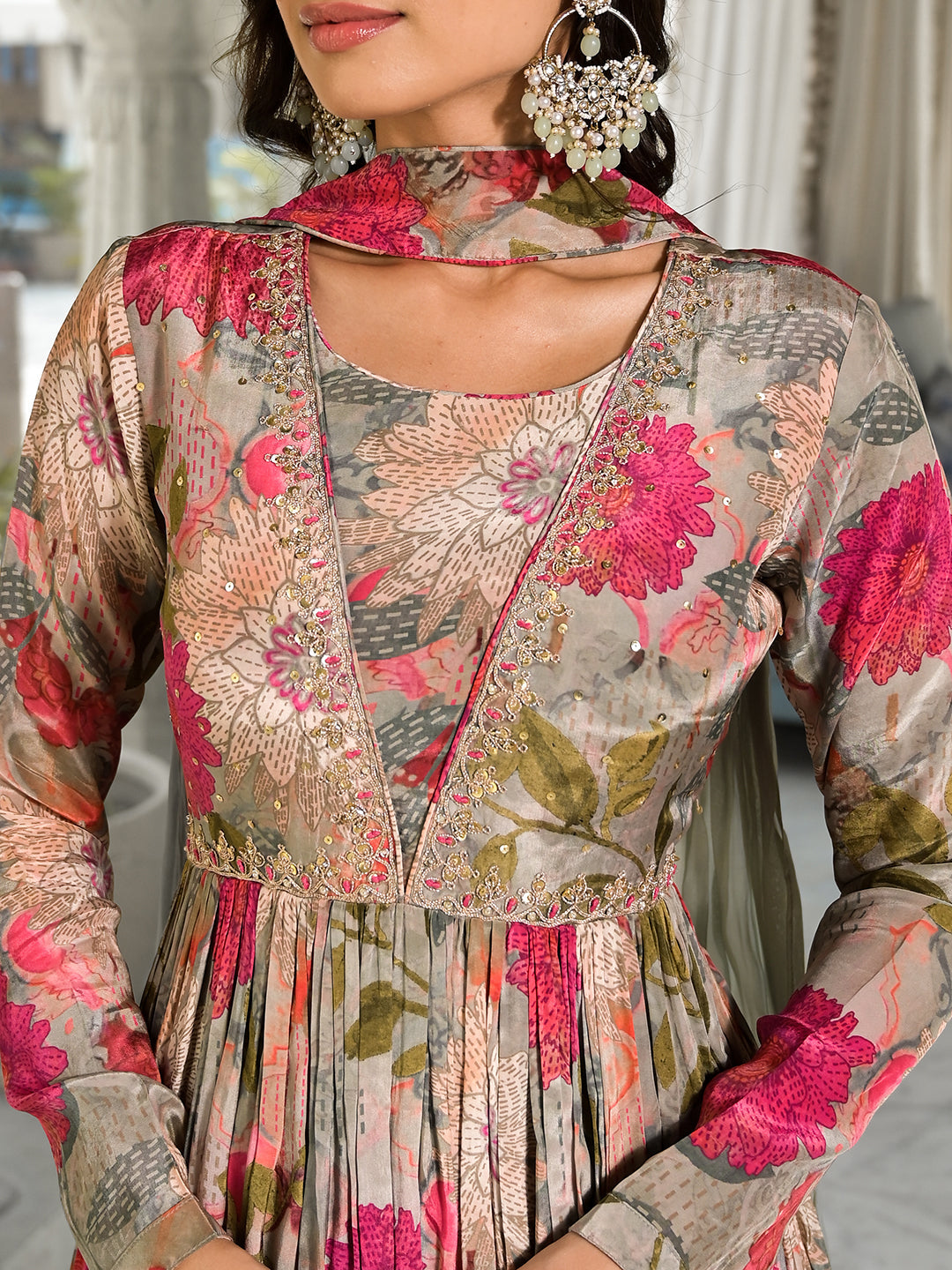 Pink Multi Digital Print Pure Crepe Long Party Dress With Dupatta | LASVINI - Redefining Indian Fashion with Elegance