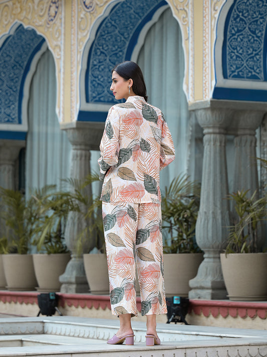 Multi-Coloured Leaf Printed Muslin Co-Ord Set | LASVINI - Redefining Indian Fashion with Elegance