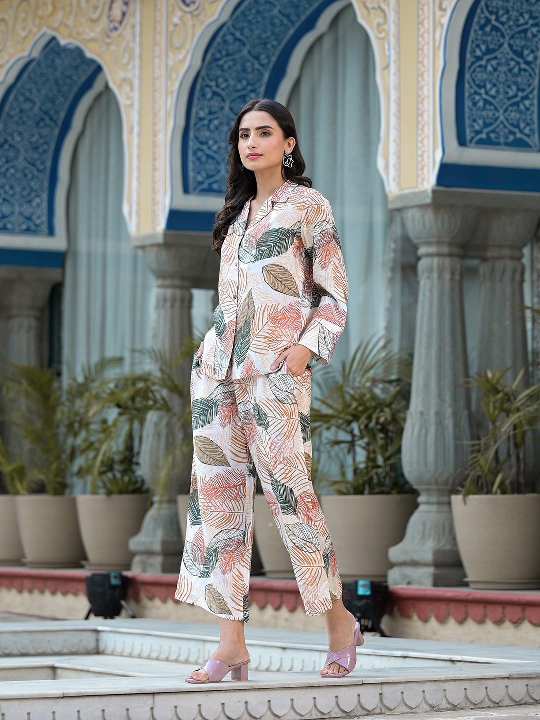 Multi-Coloured Leaf Printed Muslin Co-Ord Set | LASVINI - Redefining Indian Fashion with Elegance