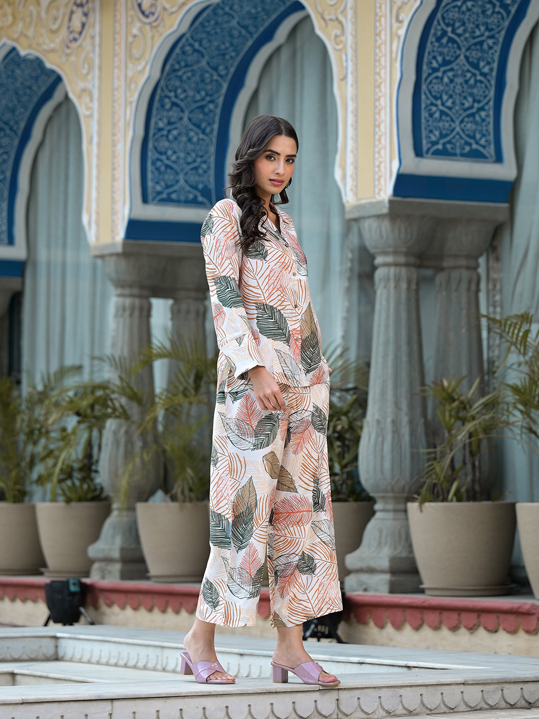 Multi-Coloured Leaf Printed Muslin Co-Ord Set | LASVINI - Redefining Indian Fashion with Elegance