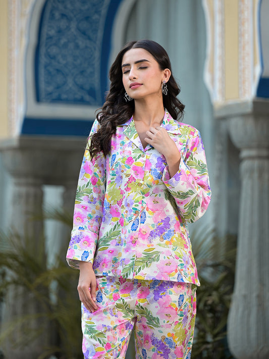 Multi-Coloured Floral Printed Muslin Co-Ord Set | LASVINI - Redefining Indian Fashion with Elegance