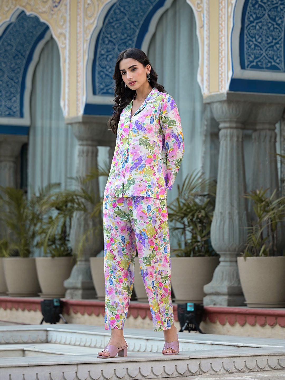 Multi-Coloured Floral Printed Muslin Co-Ord Set | LASVINI - Redefining Indian Fashion with Elegance