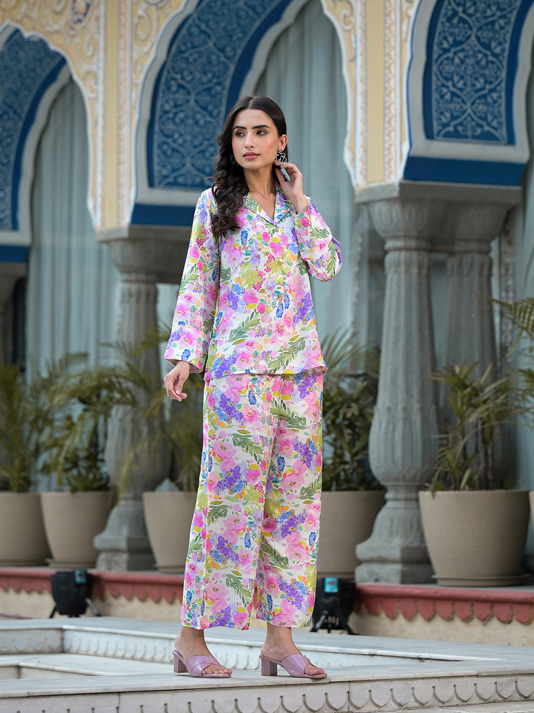 Multi-Coloured Floral Printed Muslin Co-Ord Set | LASVINI - Redefining Indian Fashion with Elegance