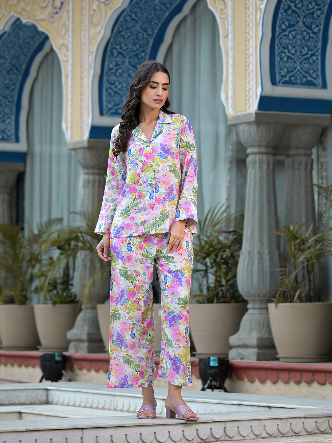 Multi-Coloured Floral Printed Muslin Co-Ord Set | LASVINI - Redefining Indian Fashion with Elegance