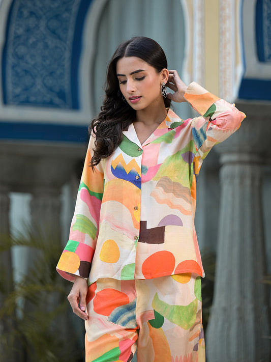 Peach Multi Floral Printed Muslin Co-Ord Set | LASVINI - Redefining Indian Fashion with Elegance