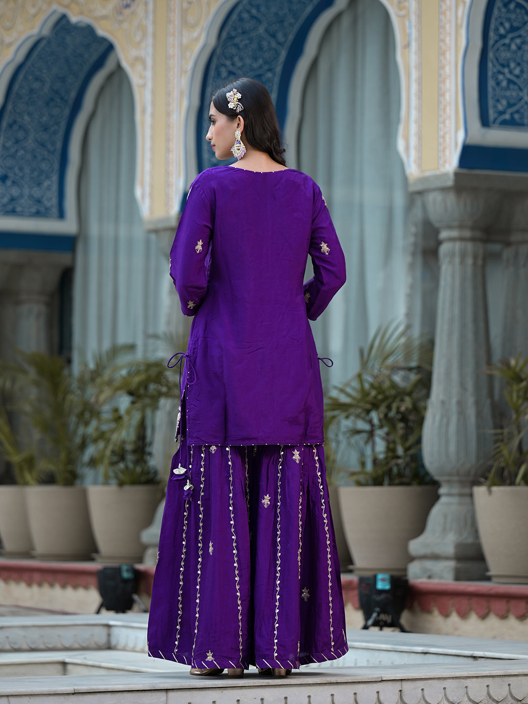 Purple Marodi Hand Work Russian Silk Kurta Sharara Set With Organza Dupatta | LASVINI - Redefining Indian Fashion with Elegance