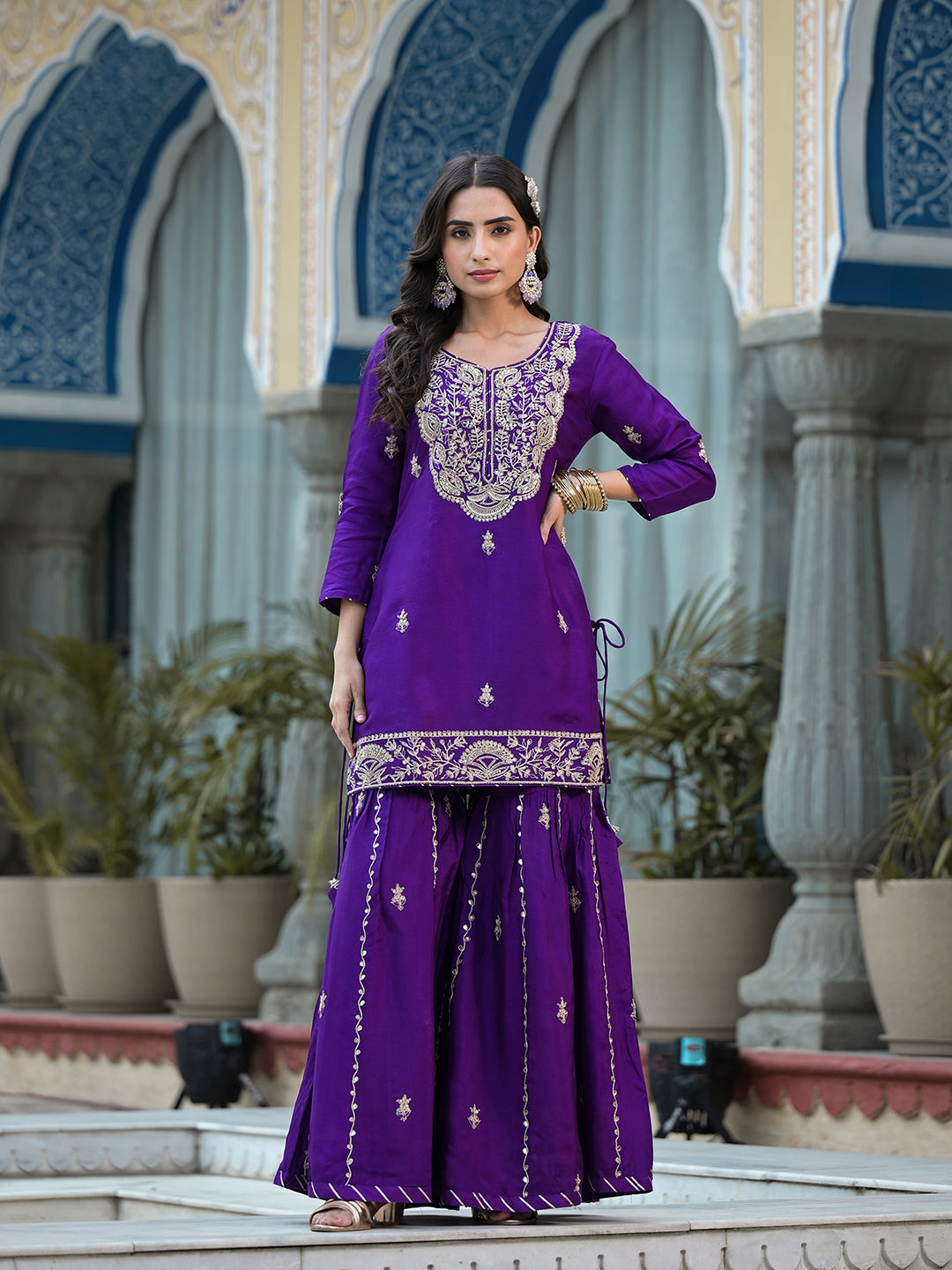 Purple Marodi Hand Work Russian Silk Kurta Sharara Set With Organza Dupatta | LASVINI - Redefining Indian Fashion with Elegance