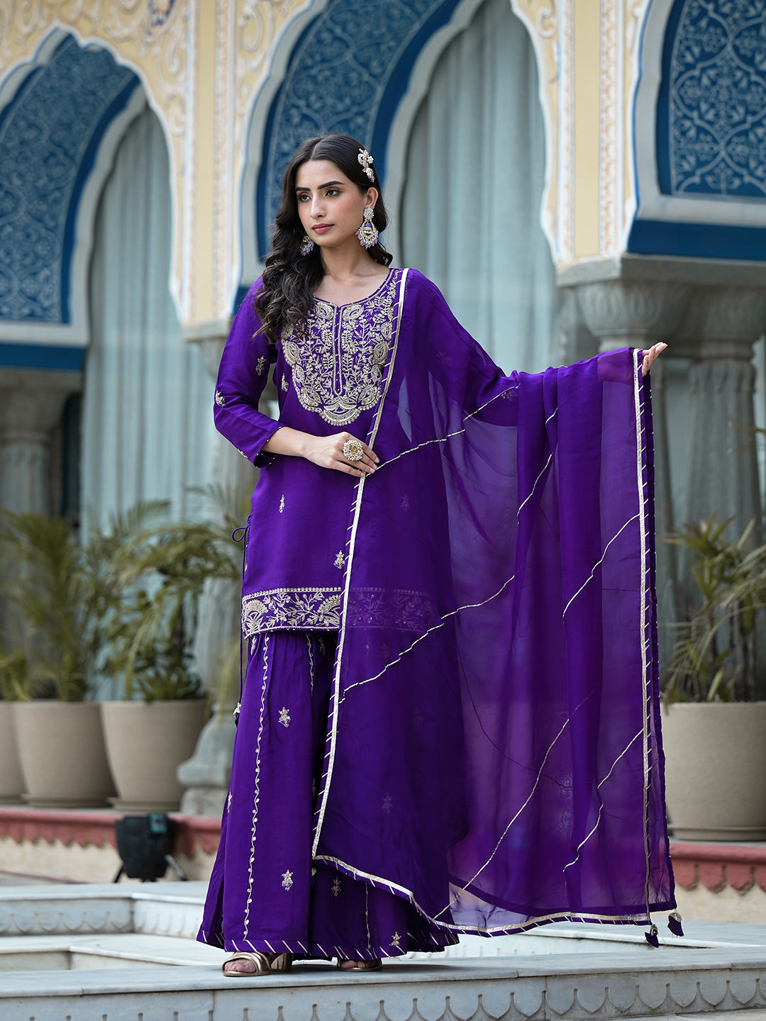 Purple Marodi Hand Work Russian Silk Kurta Sharara Set With Organza Dupatta | LASVINI - Redefining Indian Fashion with Elegance