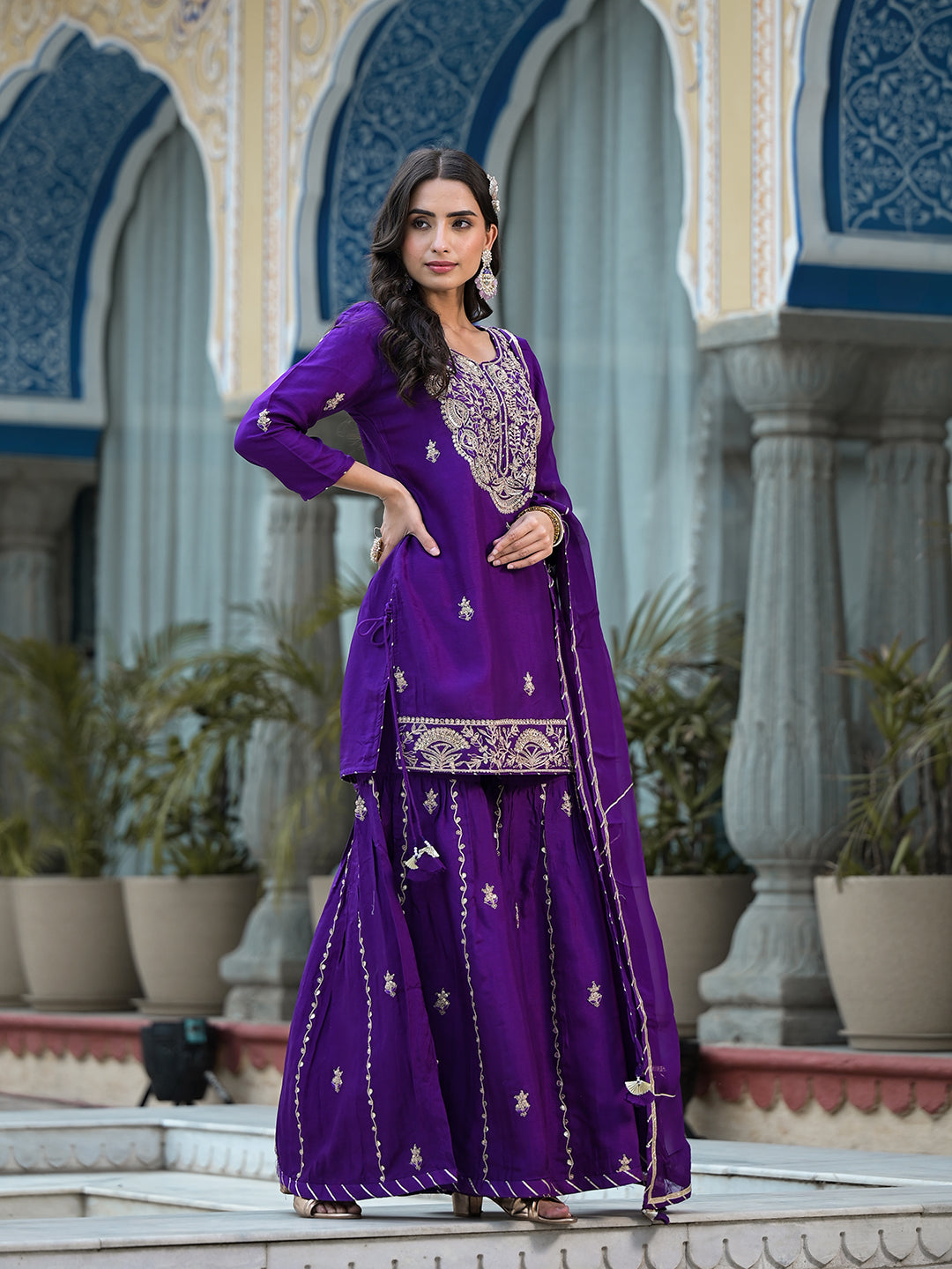 Purple Marodi Hand Work Russian Silk Kurta Sharara Set With Organza Dupatta | LASVINI - Redefining Indian Fashion with Elegance