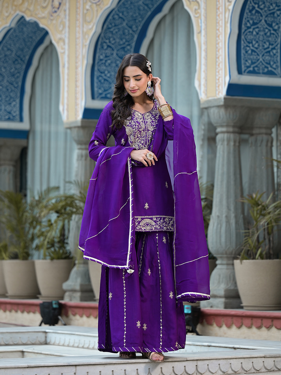 Purple Marodi Hand Work Russian Silk Kurta Sharara Set With Organza Dupatta | LASVINI - Redefining Indian Fashion with Elegance