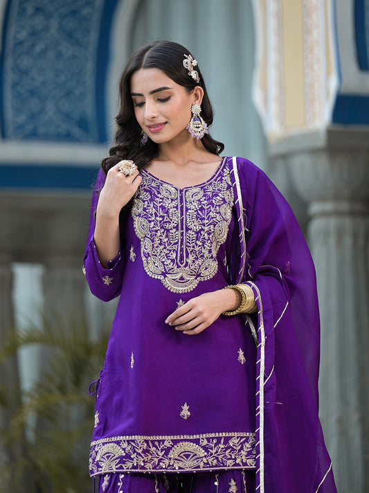 Purple Marodi Hand Work Russian Silk Kurta Sharara Set With Organza Dupatta | LASVINI - Redefining Indian Fashion with Elegance