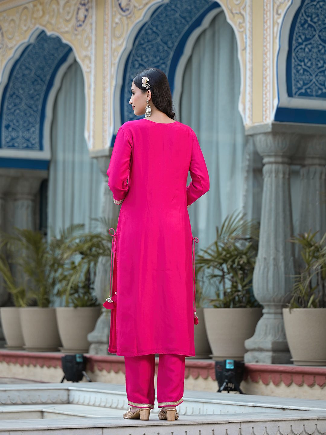 Rani Pink Russian Silk Jardozi Mix Hand Work Kurta Set With Dupatta | LASVINI - Redefining Indian Fashion with Elegance