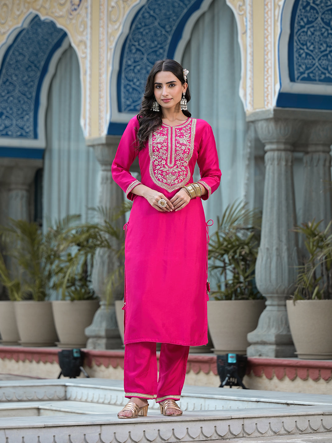 Rani Pink Russian Silk Jardozi Mix Hand Work Kurta Set With Dupatta | LASVINI - Redefining Indian Fashion with Elegance