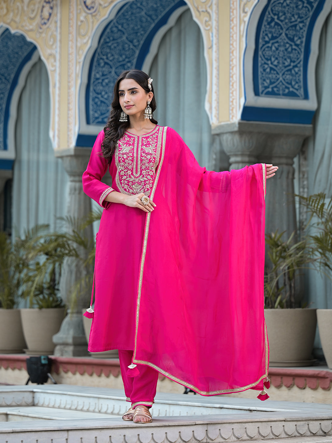 Rani Pink Russian Silk Jardozi Mix Hand Work Kurta Set With Dupatta | LASVINI - Redefining Indian Fashion with Elegance