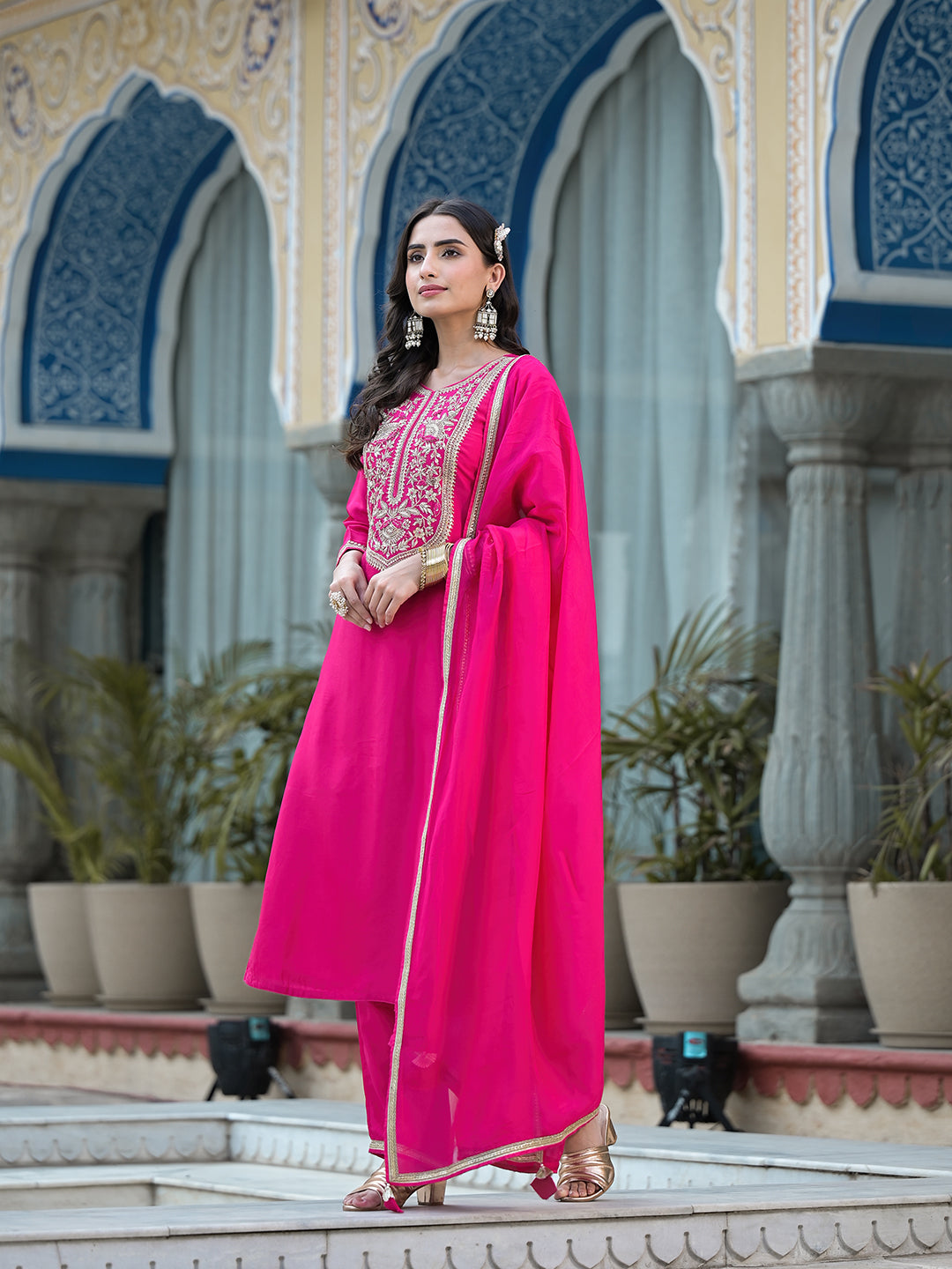 Rani Pink Russian Silk Jardozi Mix Hand Work Kurta Set With Dupatta | LASVINI - Redefining Indian Fashion with Elegance