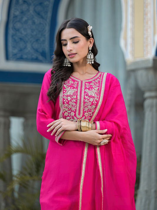 Rani Pink Russian Silk Jardozi Mix Hand Work Kurta Set With Dupatta | LASVINI - Redefining Indian Fashion with Elegance