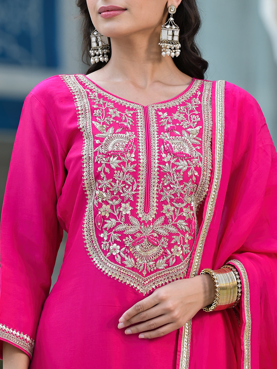 Rani Pink Russian Silk Jardozi Mix Hand Work Kurta Set With Dupatta | LASVINI - Redefining Indian Fashion with Elegance