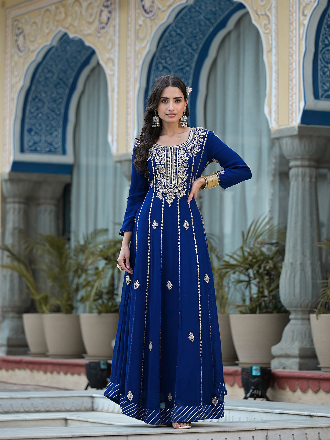 Blue Gota Patii Work Georgette Long Kurta With Shantoon Lining With Dupatta | LASVINI - Redefining Indian Fashion with Elegance