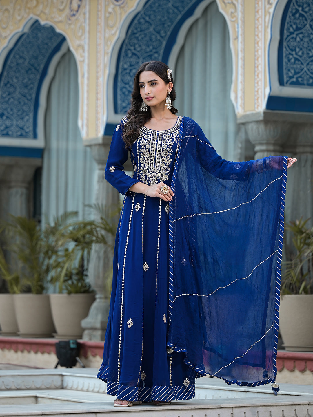 Blue Gota Patii Work Georgette Long Kurta With Shantoon Lining With Dupatta | LASVINI - Redefining Indian Fashion with Elegance