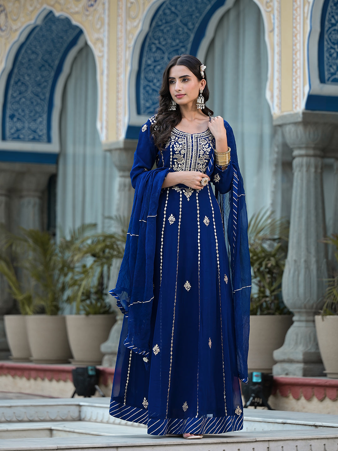 Blue Gota Patii Work Georgette Long Kurta With Shantoon Lining With Dupatta | LASVINI - Redefining Indian Fashion with Elegance