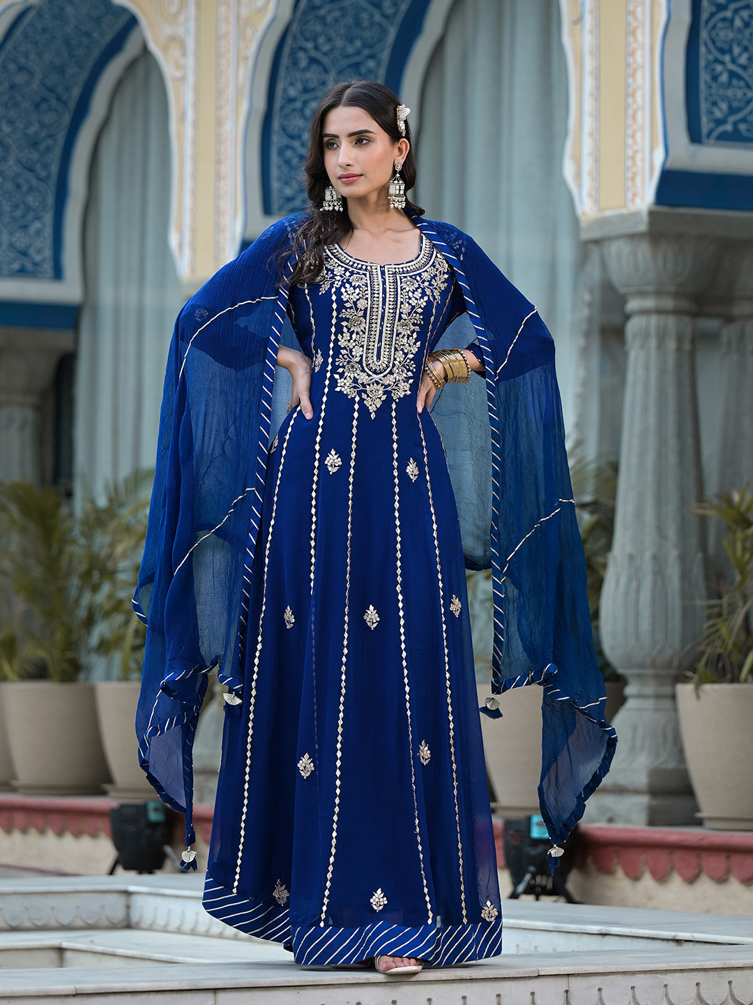 Blue Gota Patii Work Georgette Long Kurta With Shantoon Lining With Dupatta | LASVINI - Redefining Indian Fashion with Elegance