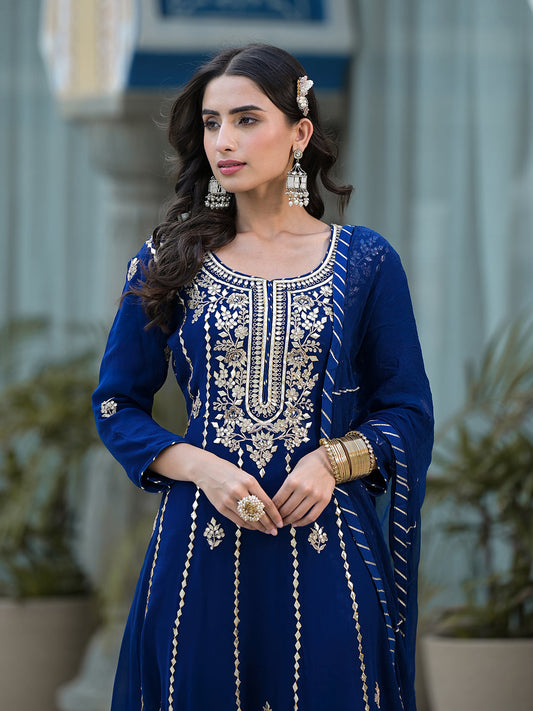 Blue Gota Patii Work Georgette Long Kurta With Shantoon Lining With Dupatta | LASVINI - Redefining Indian Fashion with Elegance