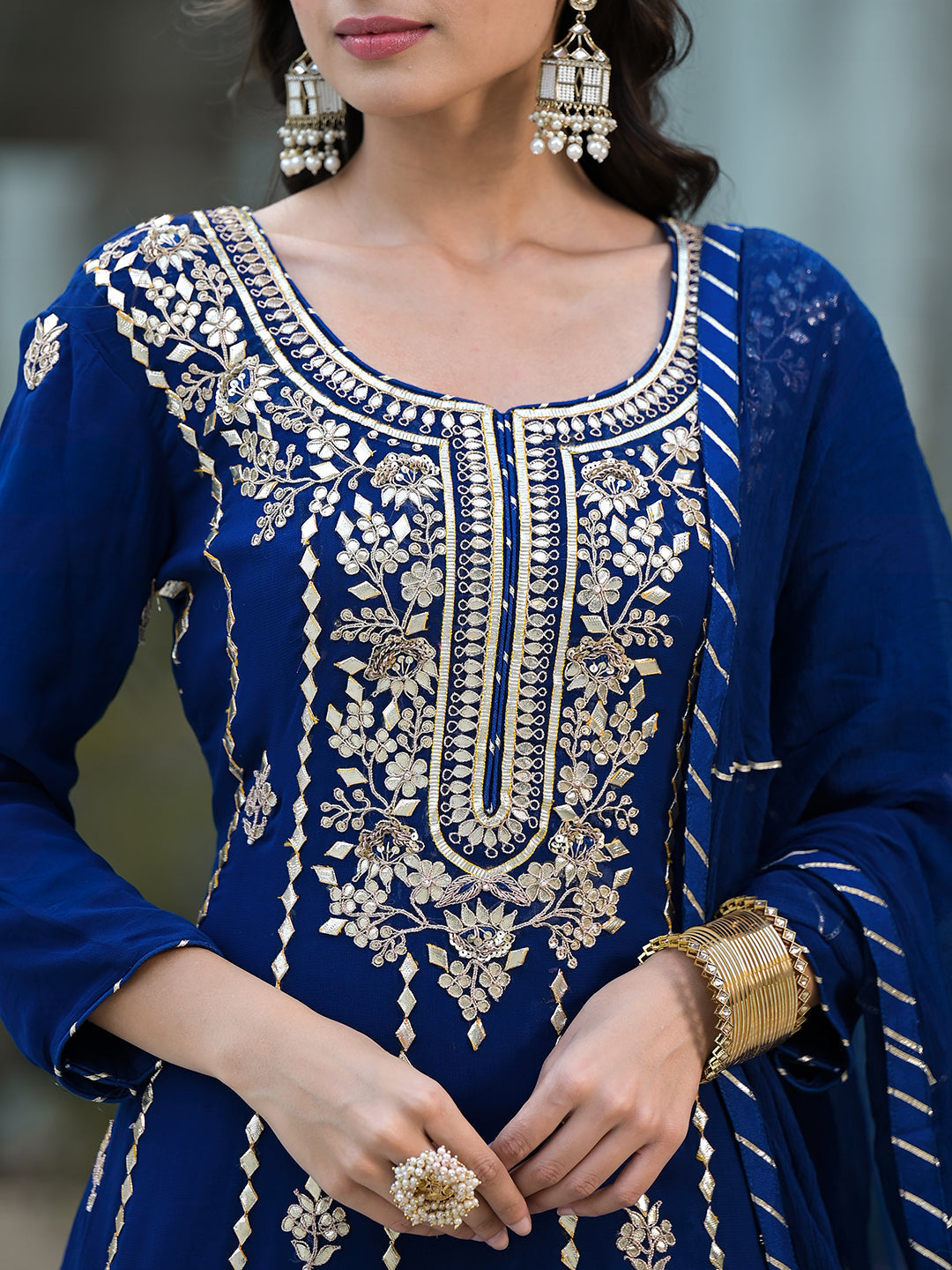 Blue Gota Patii Work Georgette Long Kurta With Shantoon Lining With Dupatta | LASVINI - Redefining Indian Fashion with Elegance