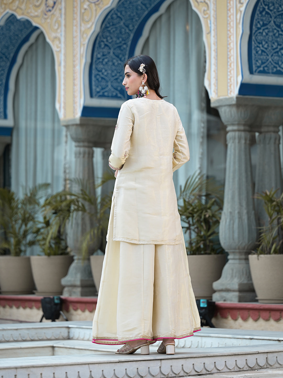 Cream Gota Patti & Zardozi Work Tissue Fabric Kurta Sharara Set With Bandhani Dupatta | LASVINI - Redefining Indian Fashion with Elegance