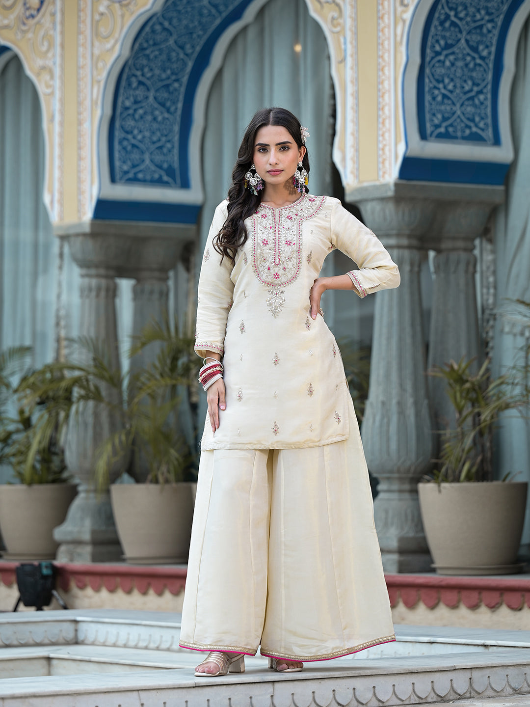 Cream Gota Patti & Zardozi Work Tissue Fabric Kurta Sharara Set With Bandhani Dupatta | LASVINI - Redefining Indian Fashion with Elegance