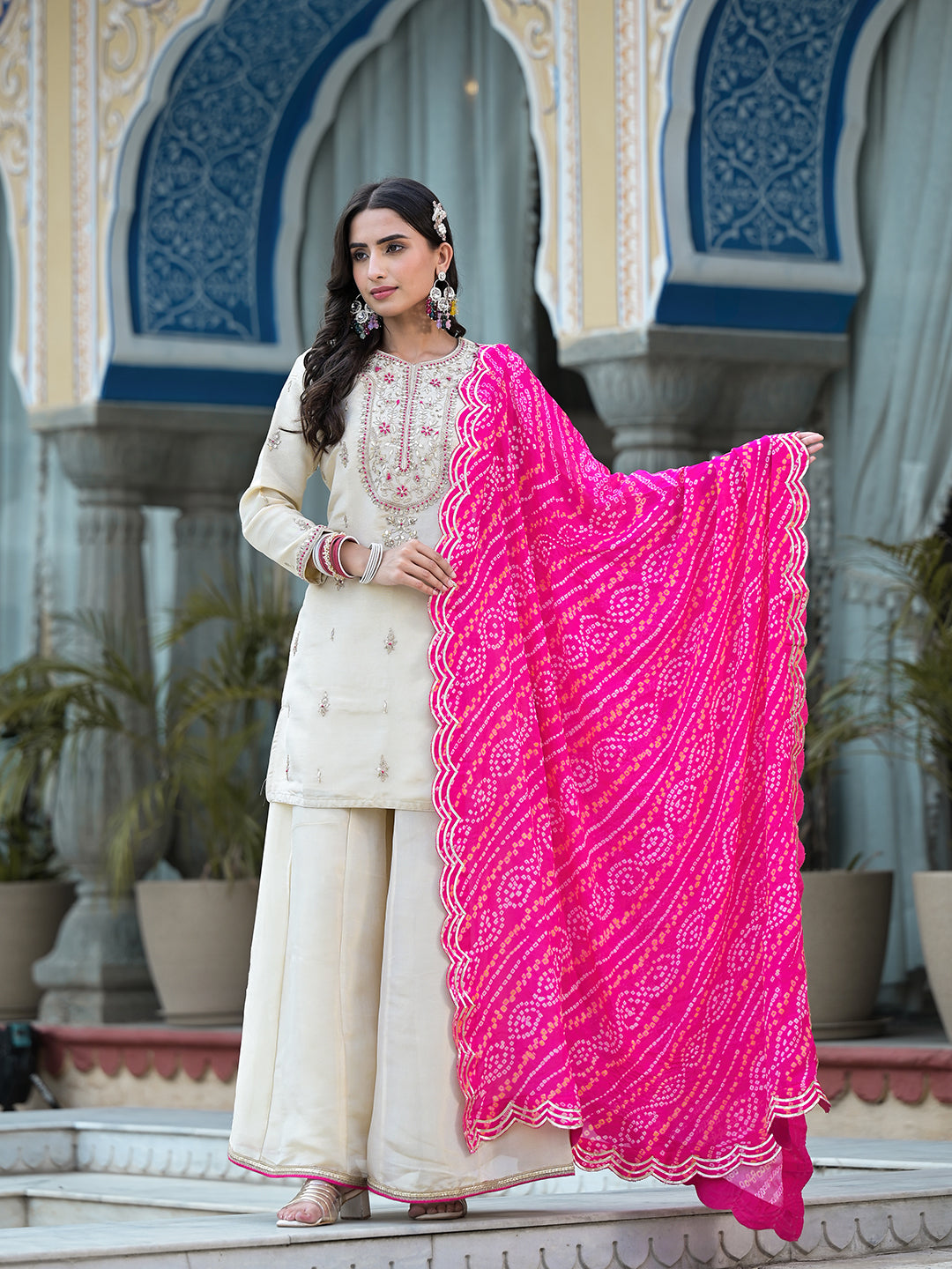 Cream Gota Patti & Zardozi Work Tissue Fabric Kurta Sharara Set With Bandhani Dupatta | LASVINI - Redefining Indian Fashion with Elegance