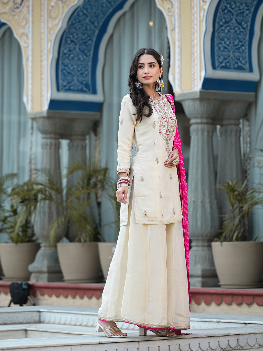 Cream Gota Patti & Zardozi Work Tissue Fabric Kurta Sharara Set With Bandhani Dupatta | LASVINI - Redefining Indian Fashion with Elegance