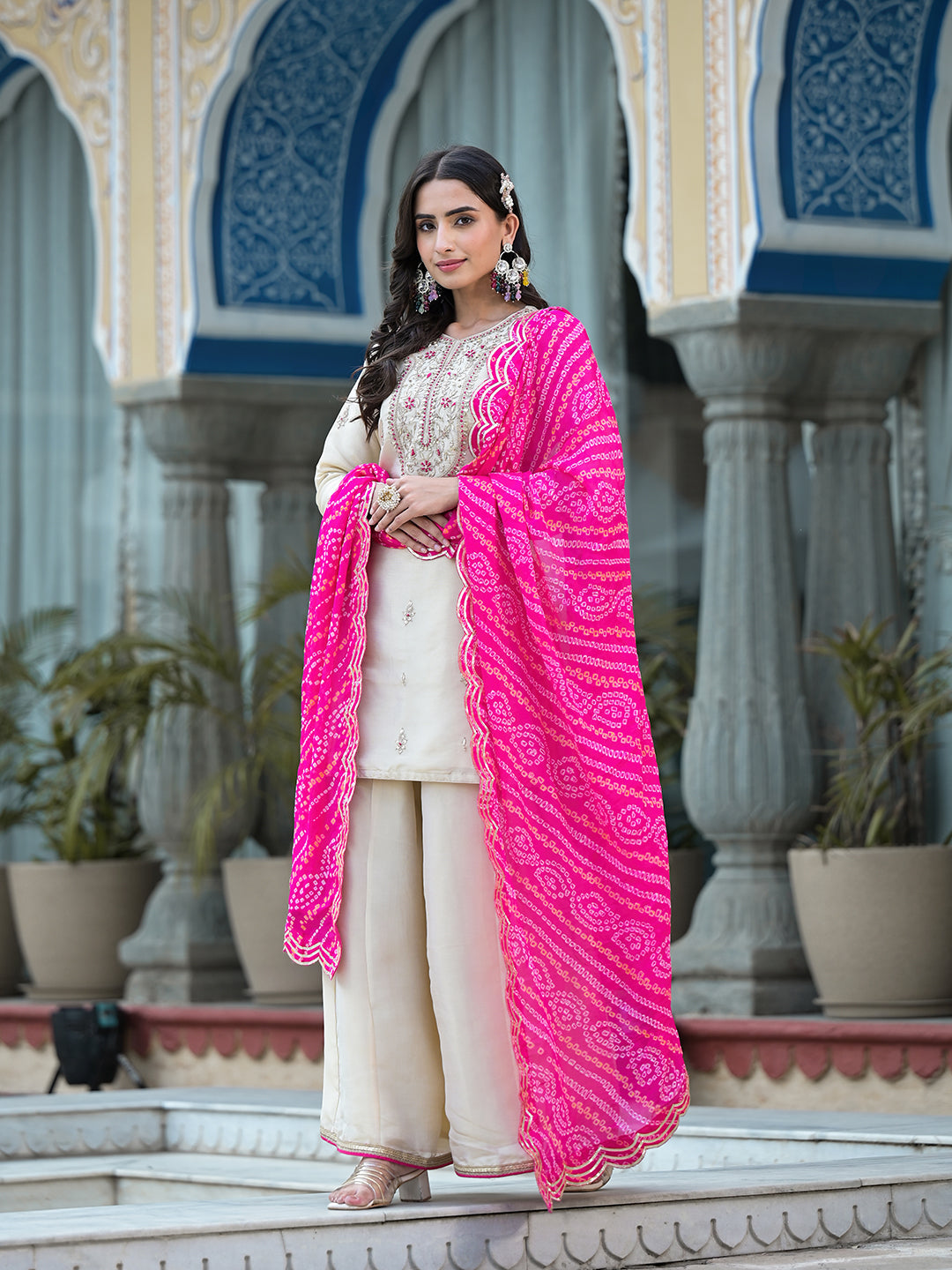 Cream Gota Patti & Zardozi Work Tissue Fabric Kurta Sharara Set With Bandhani Dupatta | LASVINI - Redefining Indian Fashion with Elegance