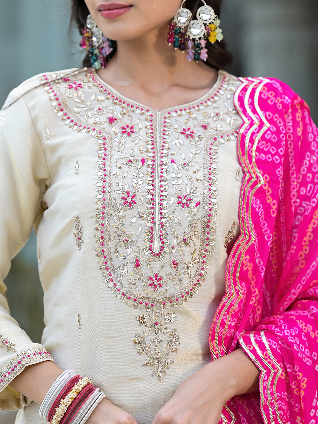 Cream Gota Patti & Zardozi Work Tissue Fabric Kurta Sharara Set With Bandhani Dupatta | LASVINI - Redefining Indian Fashion with Elegance